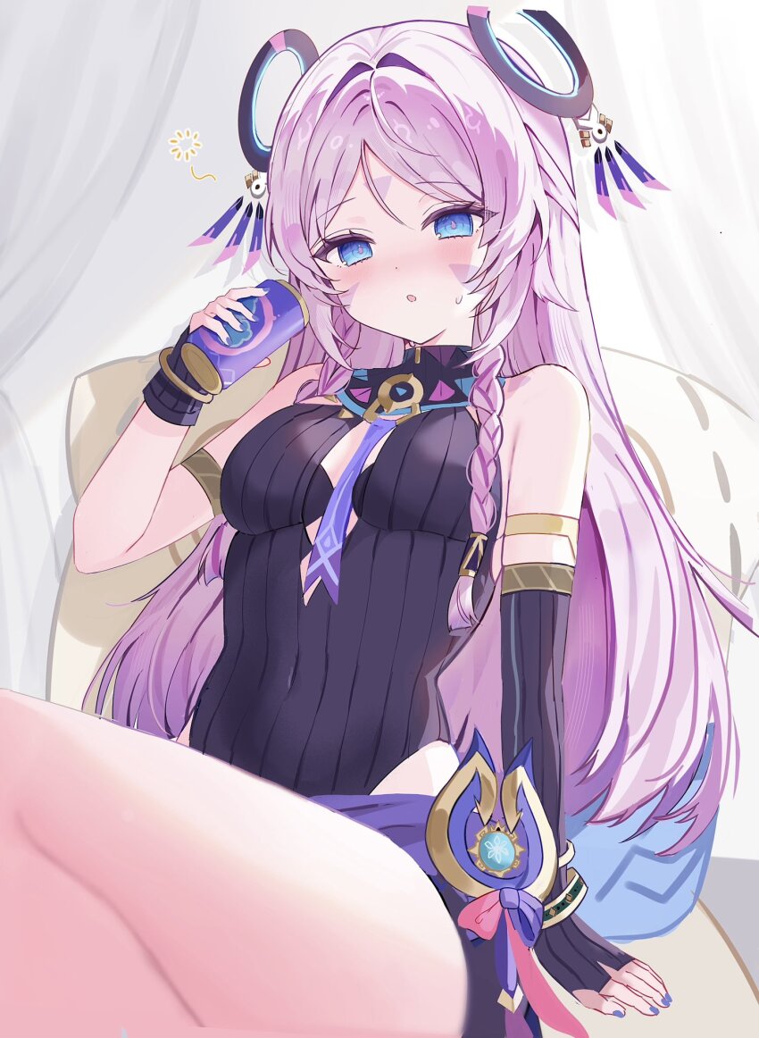 1girl armlet asymmetrical_gloves bare_shoulders black_leotard blue_eyes bracelet breasts can citlali_(genshin_impact) commentary_request covered_navel elbow_gloves fingerless_gloves floating_headgear genshin_impact gloves hair_intakes headgear highres holding holding_can jewelry leotard long_hair looking_at_viewer parted_bangs pink_hair pink_pupils r1_kli ribbed_leotard ring_hair_ornament single_elbow_glove sitting small_breasts solo vision_(genshin_impact)