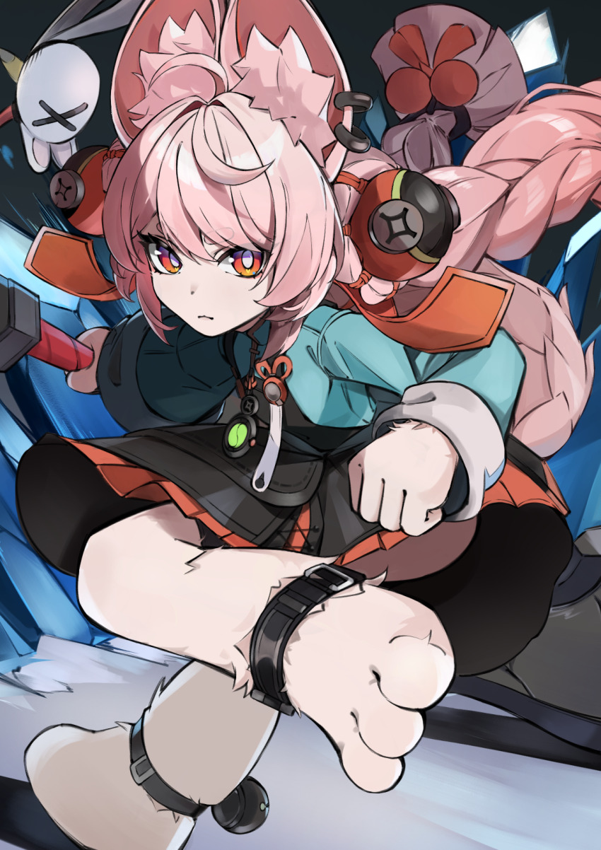 1girl ahoge animal_ear_fluff animal_ear_piercing animal_ears animal_feet anklet black_dress braid braided_twintails bright_pupils closed_mouth commentary_request dress furry furry_female green_shirt hair_intakes hair_ornament highres holding holding_sword holding_weapon jewelry leg_up long_hair looking_at_viewer pinafore_dress pink_fur pink_hair rabbit_ears rabbit_girl rabbit_tail red_eyes screw shirt short_eyebrows sleeveless sleeveless_dress solo sphere_hair_ornament sword tail thick_eyebrows user_yerf5583 weapon white_pupils zenless_zone_zero zhao_(zenless_zone_zero)