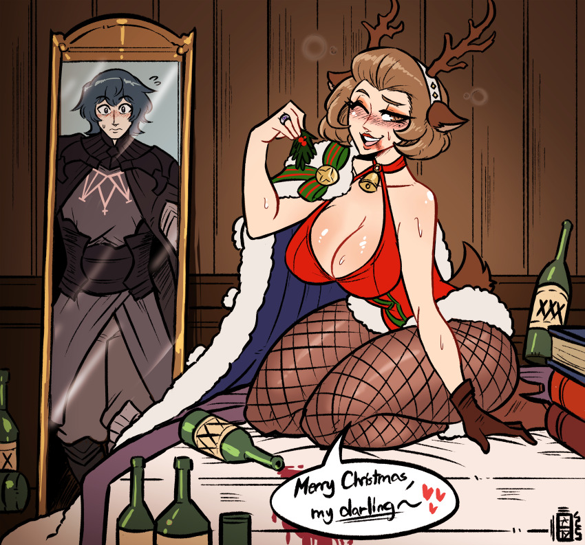 absurdres alcohol christmas drunk fire_emblem fire_emblem:_three_houses highres male_byleth_(fire_emblem) manuela_casagranda manuela_casagranda_(winter) mirror mistletoe nintendo scruffyturtles source_request tagme
