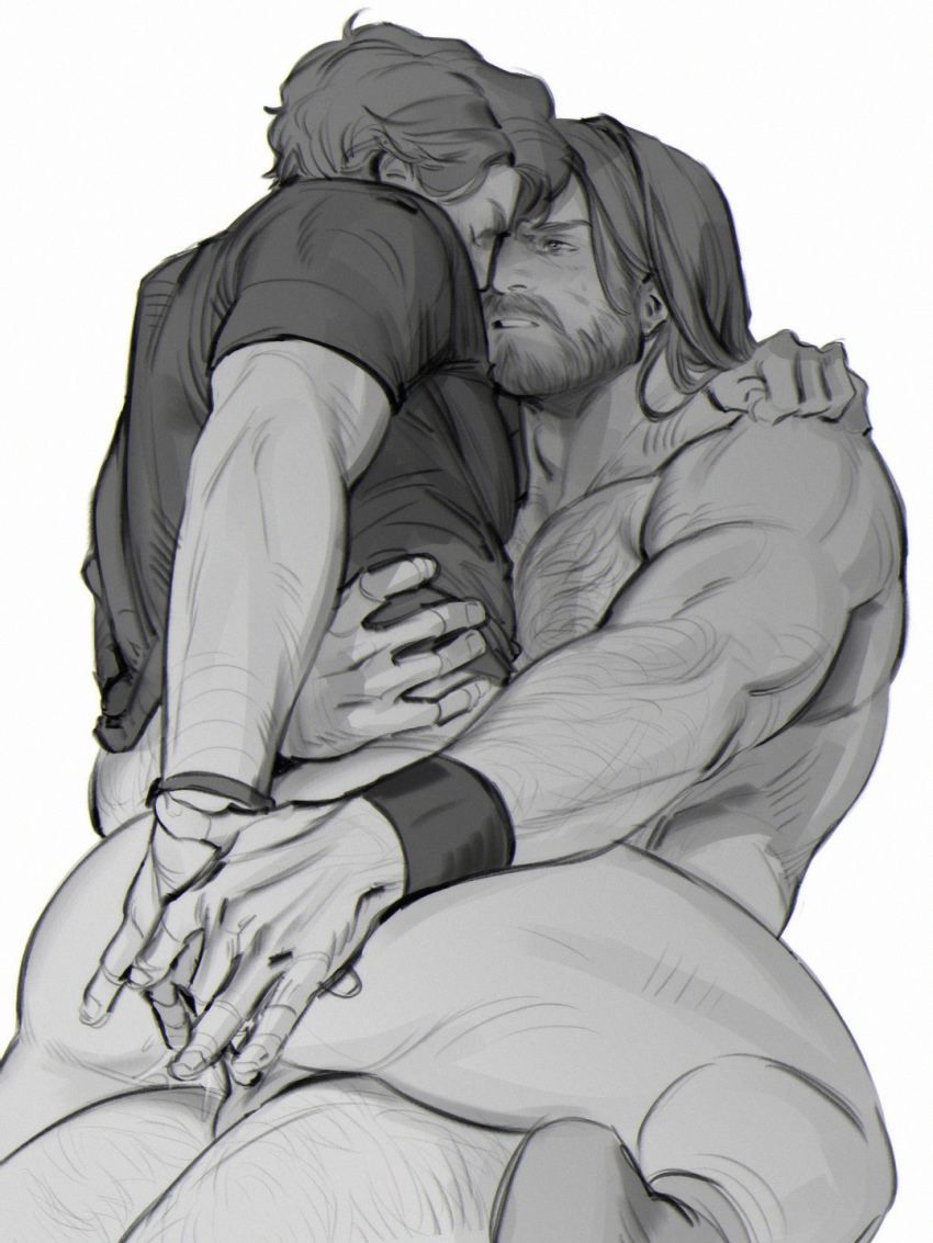 2boys anal anal_fluid arm_hair ass bara beard chest_hair closed_eyes clothed_male_nude_male clothes_pull commentary couple facial_hair greyscale guardians_of_the_galaxy hand_on_another's_ass hand_on_own_ass highres leg_hair limach-an long_hair looking_at_another male_focus marvel mature_male monochrome multiple_boys muscular muscular_male nude parted_lips penis peter_quill sex shirt_pull short_hair symbol-only_commentary testicles thor_(marvel) thor_(marvel)_(series) wristband yaoi