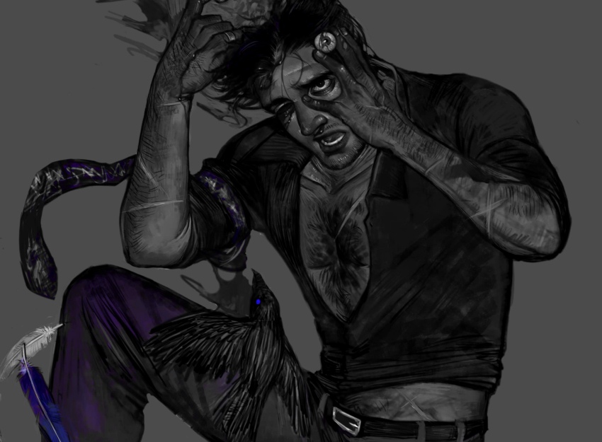 1boy arm_hair arms_up bags_under_eyes beard bird black_necktie black_shirt chest_hair crow dieantwoord2580 eyeball facial_hair falling_feathers feathers gouged_eye guro highres holding holding_eyeball knee_up male_focus midriff multiple_scars necktie open_mouth original partially_colored partially_open_shirt pubic_hair scar scar_on_arm shirt short_hair smoke solo