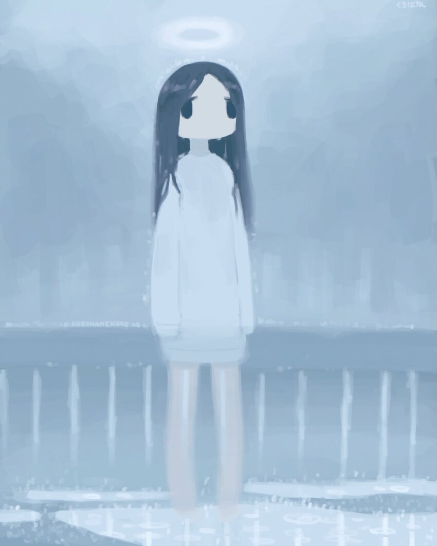 1girl artist_name barefoot black_eyes black_hair blank_eyes commentary glowing glowing_halo halo highres kurohanenone long_hair no_mouth no_pants original outdoors puddle rain see-through_body sweater wet wet_clothes wet_hair white_sweater