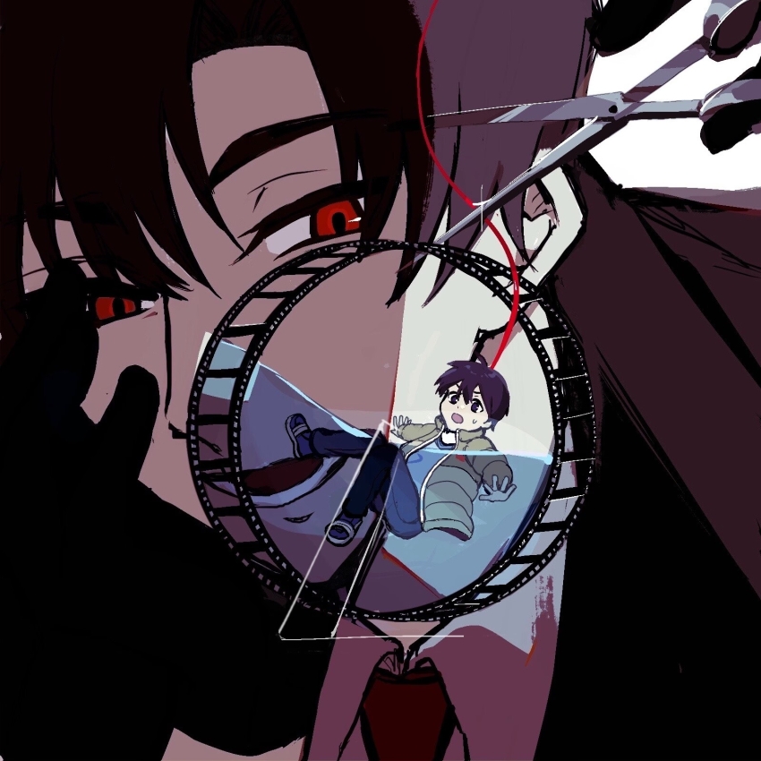 2boys black_gloves black_hair black_jacket black_pants boku_dake_ga_inai_machi brown_jacket commentary_request film_strip fujinuma_satoru gloves highres holding holding_scissors jacket looking_at_another multiple_boys necktie open_mouth pants red_eyes red_necktie scissors short_hair spoilers string string_of_fate symbolism water yashiro_gaku zhou_(suzusuz57561619)