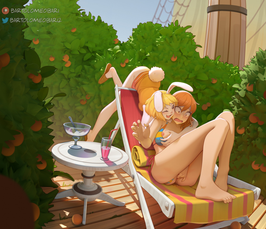 2girls animal_ears barefoot bartolomeobari beach_chair bikini bikini_bottom_aside blonde_hair blue_sky blush carrot_(one_piece) caught clothing_aside embarrassed female_focus female_masturbation fingering food foreshortening fruit full_body furry furry_female furry_with_non-furry grabbing_another's_breast groping interspecies masturbation multiple_girls nami_(one_piece) nipples one_piece one_piece_film:_z open_mouth orange_(fruit) orange_hair pussy pussy_juice rabbit_ears rabbit_girl rabbit_tail sky smile surprised swimsuit tail uncensored yuri