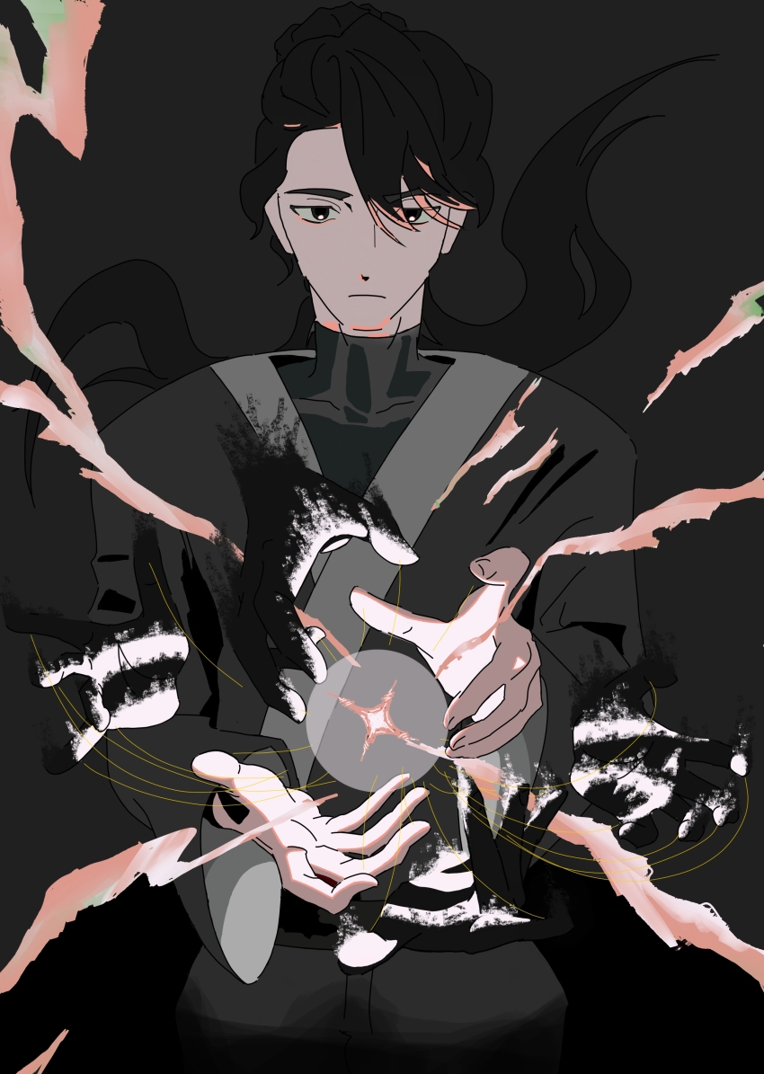 1boy absurdres black_hair black_robe black_shirt cowboy_shot curtained_hair extra_hands high_ponytail highres long_hair magic male_focus ponytail rnio19 robe serious shadow_slave shirt solo spoilers string sunny_(shadow_slave) underlighting