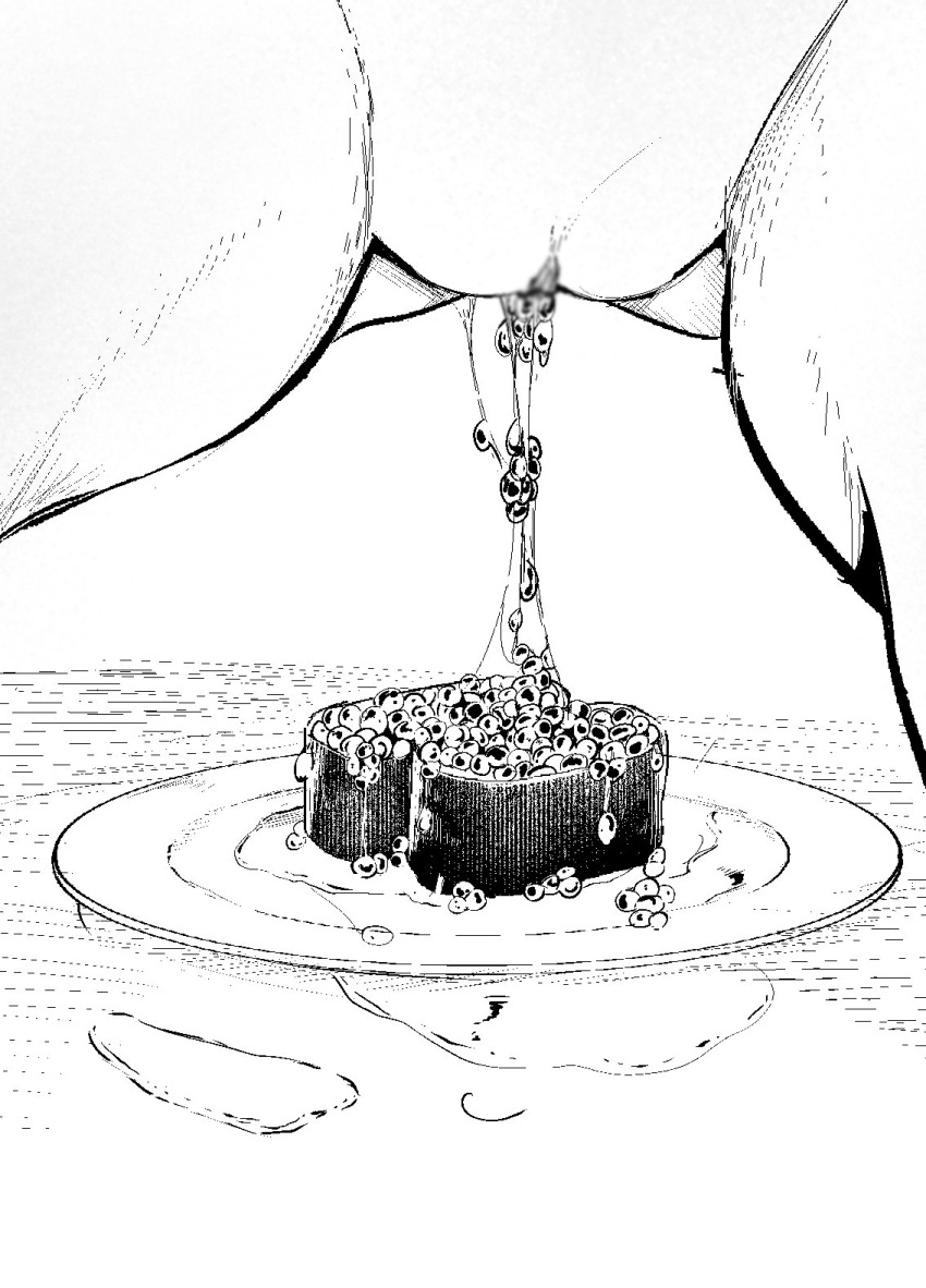 arknights blur_censor censored commentary_request egg_laying greyscale haruka_(arknights) highres monochrome olga_neiman paid_reward_available plate pussy suspicious_egg_dish