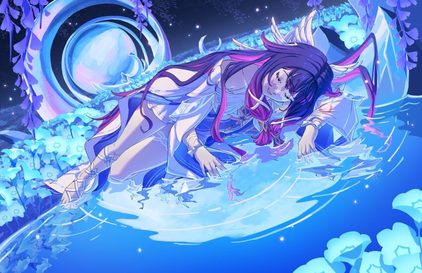 1girl black_hair blue_flower closed_eyes columbina_(genshin_impact) commentary dress english_commentary eye_mask feathered_wings field flower flower_field genshin_impact head_wings highres leg_wrap lying mask moon multicolored_hair on_side parted_lips pink_hair reflection ripples salmonfordinner solo two-tone_hair water white_dress white_wings wings