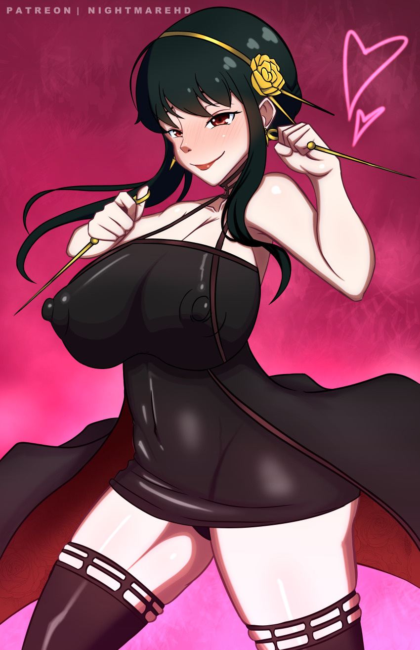 1girl bare_shoulders black_dress black_hair black_panties black_thighhighs blush breasts closed_mouth collarbone dress eyelashes feet_out_of_frame female_focus gradient_background hands_up huge_breasts looking_at_viewer naughty_face nightmare_hdraw nose panties pantyshot pink_background red_eyes short_hair_with_long_locks simple_background solo spy_x_family standing thighhighs tongue tongue_out underwear yor_briar