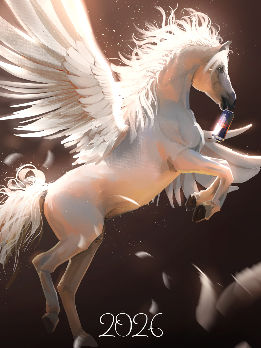 2026 absurdres animal animal_focus commentary_request feathered_wings feathers highres horse no_humans original pegasus rearing red_bull smile_(qd4nsvik) white_feathers wings