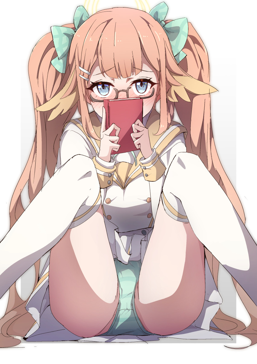 1girl absurdres blue_archive blue_eyes blush book bow commentary_request glasses green_panties hair_bow halo highres holding holding_book long_hair looking_at_viewer orange_hair panties sailor_collar school_uniform serafuku shimiko_(blue_archive) sitting skirt solo striped_clothes striped_panties thighhighs to_(tototo_tk) twintails underwear white_serafuku white_skirt white_thighhighs yellow_sailor_collar