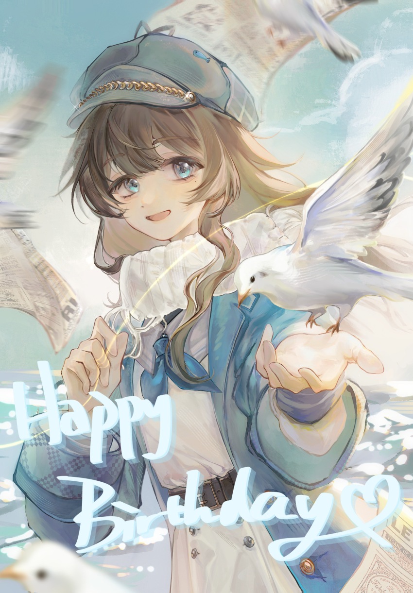 1girl :d absurdres baiyu_(baiyu43937) belt bird blue_coat blue_eyes blue_neckerchief blue_sky blurry blurry_foreground brown_belt brown_hair coat day dress english_text grey_hat hands_up happy_birthday hat highres long_hair looking_at_viewer marcus_(reverse:1999) mole mole_under_eye neckerchief newsboy_cap ocean open_mouth outdoors outstretched_hand reverse:1999 scarf seagull sky smile solo string upper_body white_bird white_dress white_scarf