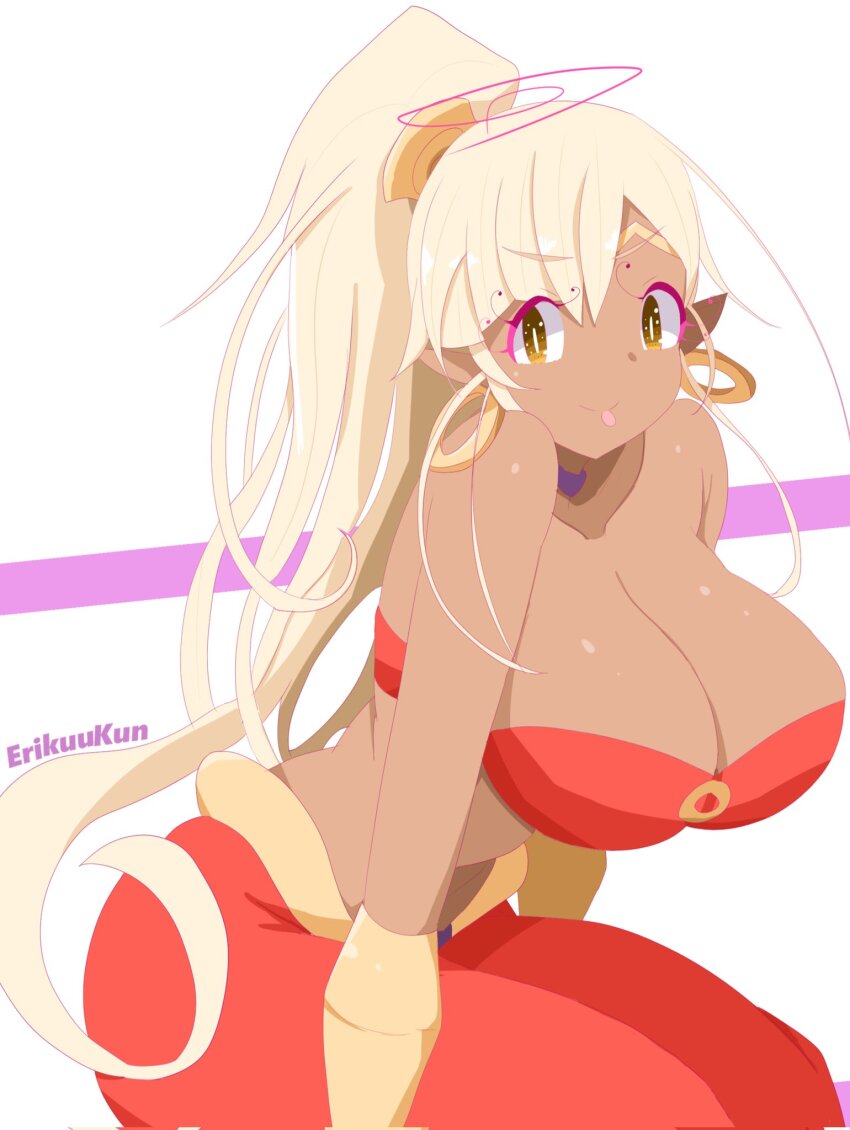 >:p 1girl arm_support artist_name bandeau bare_arms bare_shoulders blonde_hair bracer breasts bright_pupils choker circlet cleavage cosplay dancer dark-skinned_female dark_skin earrings erikuukun hair_ornament harem_outfit harem_pants high_ponytail highres hololive hololive_english hoop_earrings invisible_chair jewelry large_breasts limiter_(tsukumo_sana) long_hair looking_at_viewer o-ring o-ring_top pants pointy_ears ponytail purple_choker red_bandeau red_pants shantae shantae_(cosplay) shantae_(series) sitting solo tsukumo_sana two-tone_background very_long_hair virtual_youtuber white_background white_pupils yellow_eyes