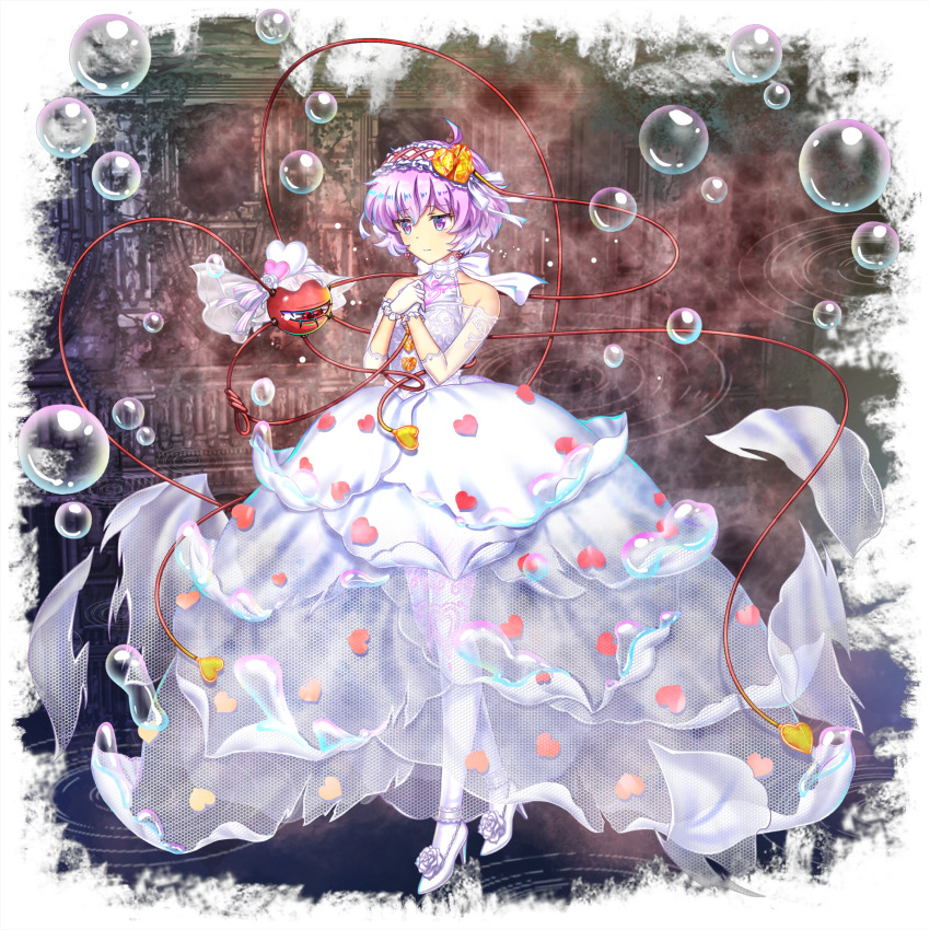 1girl alternate_costume alternate_hair_color bow closed_mouth dress earrings eyeball floral_dress flower footwear_flower frilled_hairband frills game_cg gloves gradient_hair hair_ornament hairband hands_on_own_chest hands_up heart heart_earrings heart_hair_ornament high_heels highres jewelry komeiji_satori multicolored_hair official_art own_hands_together pantyhose pink_eyes pink_hair rose rotte_(1109) shoes short_hair soap_bubbles solo third-party_source third_eye torn_clothes torn_dress touhou touhou_lostword transparent_background wedding_dress white_bow white_dress white_flower white_gloves white_hair white_hairband white_pantyhose white_rose white_shoes