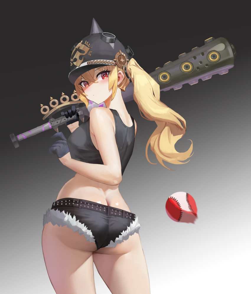 1girl absurdres ass ball baseball_(object) baseball_bat black_gloves black_shorts black_tank_top blonde_hair breasts butt_crack from_behind gloves half_gloves hashtag-only_commentary helmet highres looking_at_viewer luciana_de_montefio medium_breasts metal_baseball_bat micro_shorts motorcycle_helmet red_eyes shorts side_ponytail solo tank_top thighs two-tone_background yoco0917 zenless_zone_zero