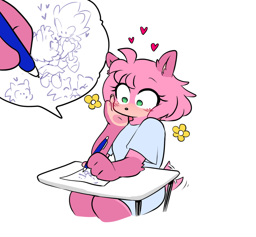 absurdres alternate_universe amy_rose blush character_drawing_themselves cheek_rest coat commentary constricted_pupils desk distracted drawing_(action) drawing_(object) elbow_rest english_commentary eyelashes flustered furry furry_female hand_on_own_cheek hand_on_own_face heart hedgehog_girl highres holding holding_pen hospital_gown imagining pen pink_fur quaverdraws sitting solo sonic_the_hedgehog tail tail_wagging white_coat