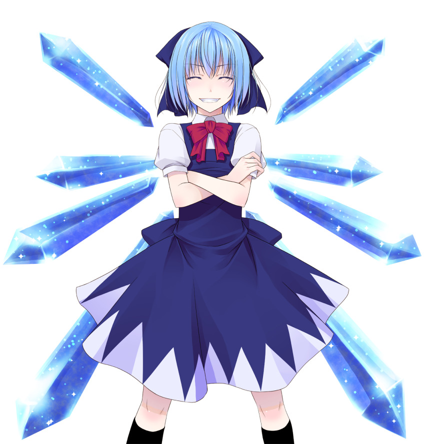 1girl black_socks blue_dress blue_hair bow bowtie cirno closed_eyes collared_shirt commentary_request crossed_arms crote dress facing_viewer feet_out_of_frame grin hair_bow hair_ornament highres ice ice_wings large_variant_set legs_apart parted_lips pinafore_dress puffy_short_sleeves puffy_sleeves red_bow red_bowtie shirt short_hair short_sleeves skirt skirt_set sleeve_cuffs sleeveless sleeveless_dress smile socks solo tachi-e touhou transparent_background variant_set white_shirt wings