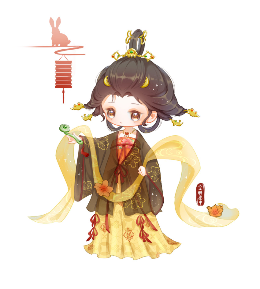 1girl bead_necklace beads black_hair black_robe brown_eyes character_name cherry_blossoms chibi chinese_commentary chinese_hairpin closed_mouth commentary_request expressionless eyelashes floral_print flower flower_necklace forehead hagoromo hair_ornament hair_rings hairpin highres holding jewelry light_blush long_sleeves multiple_hairpins necklace nikki_(series) object_request orange_flower print_robe rabbit red_flower robe see-through_robe shawl shenqi_tuoxie_zai_nali shining_nikki short_hair simple_background solo tareme topknot updo white_background wide_sleeves within_scroll_portrait_fades_(shining_nikki) yellow_hanfu