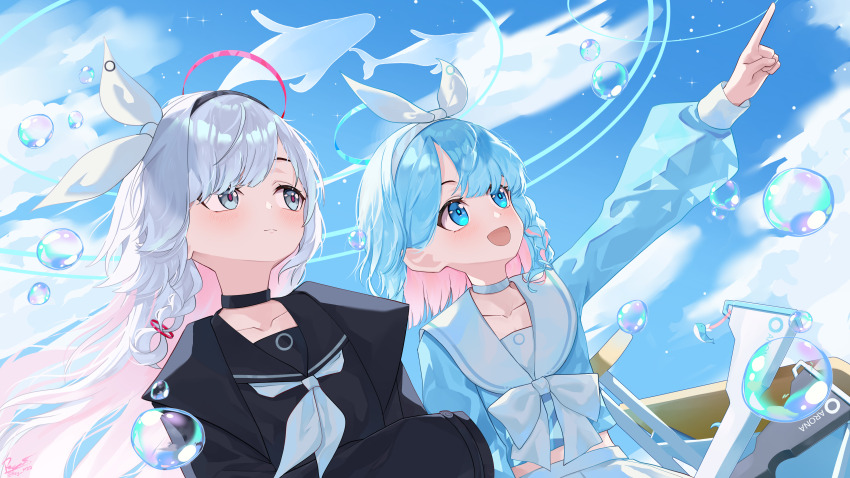 2girls :d absurdres arona_(blue_archive) backlighting black_choker black_hairband black_sailor_collar black_shirt blue_archive blue_eyes blue_hair blue_halo blue_pupils blue_shirt blue_sky blunt_bangs blush bow bowtie choker closed_mouth cloud collarbone colored_inner_hair commentary day dutch_angle eyebrows_hidden_by_hair eyelashes floating_hair grey_eyes gun hair_bow hair_over_one_eye hairband halo happy highres index_finger_raised long_hair long_sleeves medium_hair midriff multicolored_hair multiple_girls neckerchief open_mouth outdoors outstretched_arm pink_hair plana_(blue_archive) pointing pointing_forward puffy_long_sleeves puffy_sleeves red_halo red_pupils reymrd ring_of_light_(blue_archive) sailor_collar school_uniform serafuku shirt side-by-side signature skirt sky smile soap_bubbles split_mouth tareme tsurime two-tone_hair upper_body very_long_hair weapon white_bow white_bowtie white_choker white_hair white_hairband white_neckerchief white_sailor_collar white_skirt wind