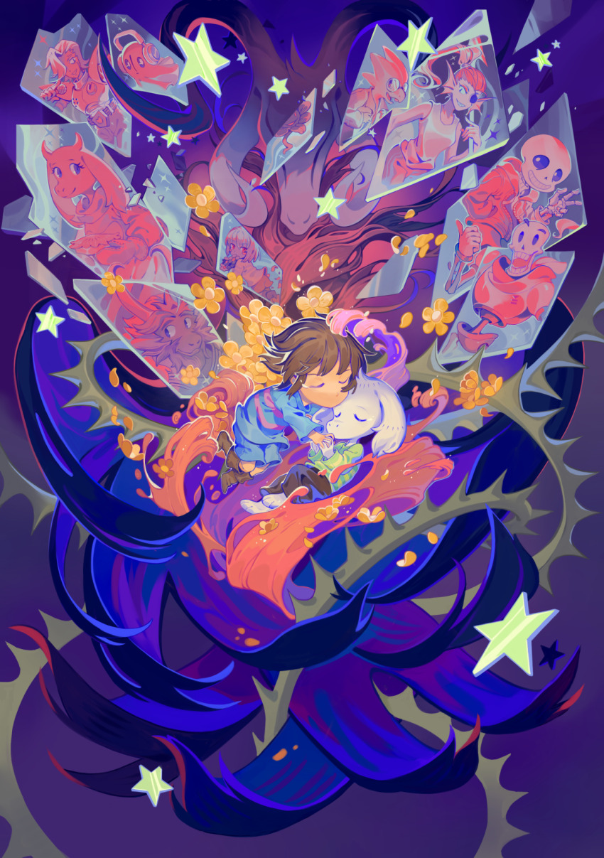 2others 3girls 6+boys alphys androgynous android asgore_dreemurr asriel_dreemurr asriel_dreemurr_(god_of_hyperdeath) b.i.a barefoot beard black_eyes blue_background blue_shirt blue_shorts blush_stickers boots brown_boots brown_hair brown_pants buck_teeth chara_(undertale) closed_eyes dark_persona deformed evil_smile eyepatch facial_hair fins floppy_ears flower flowey_(undertale) food frisk_(undertale) full_body furry furry_female furry_male ghost glass_shards glasses gloves gradient_background green_shirt grin hair_over_one_eye head_fins headphones high_ponytail highres holding holding_food holding_hands holding_microphone hollow_eyes horns interlocked_fingers jacket lab_coat liquid long_hair looking_at_viewer looking_back looking_to_the_side mettaton mettaton_ex microphone monster_girl multiple_boys multiple_girls multiple_others multiple_persona napstablook no_mouth open_clothes open_jacket open_mouth oven_mitts pants papyrus_(undertale) partially_colored pie ponytail raised_eyebrow rimless_eyewear robot round_eyewear sans_(undertale) scarf sharp_teeth shirt short_hair shorts skeleton skull slit_pupils smile solid_eyes star_(symbol) striped_clothes striped_shirt tank_top tears teeth thick_beard thumbs_up toriel u_u undertale undyne utdr_(toby_fox) w yellow_flower