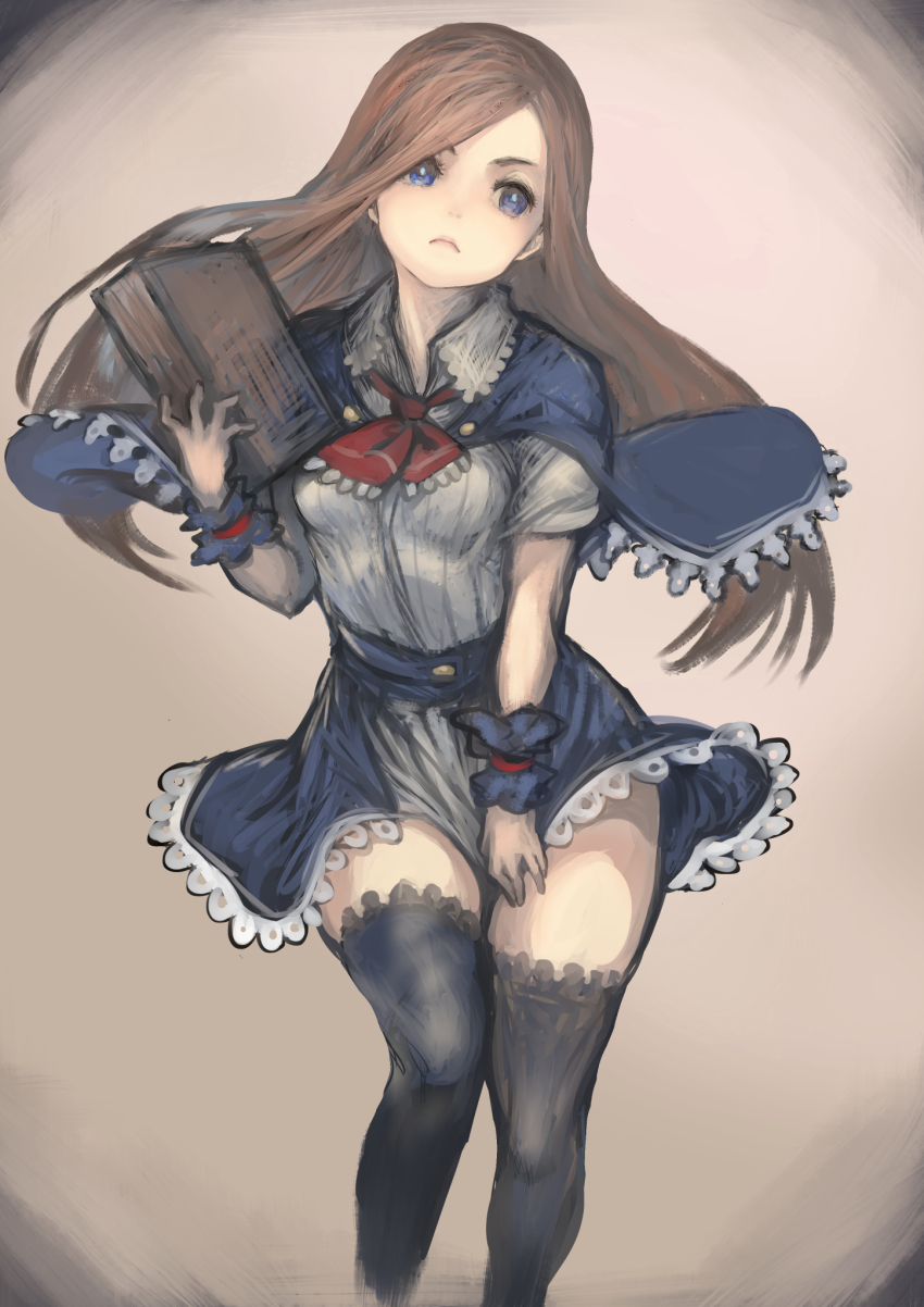 1girl ascot blue_capelet blue_eyes blue_thighhighs book brown_hair capelet castlevania:_portrait_of_ruin castlevania_(series) charlotte_aulin highres holding holding_book johan_(johan13) long_hair red_ascot shirt skirt thighhighs white_shirt zettai_ryouiki