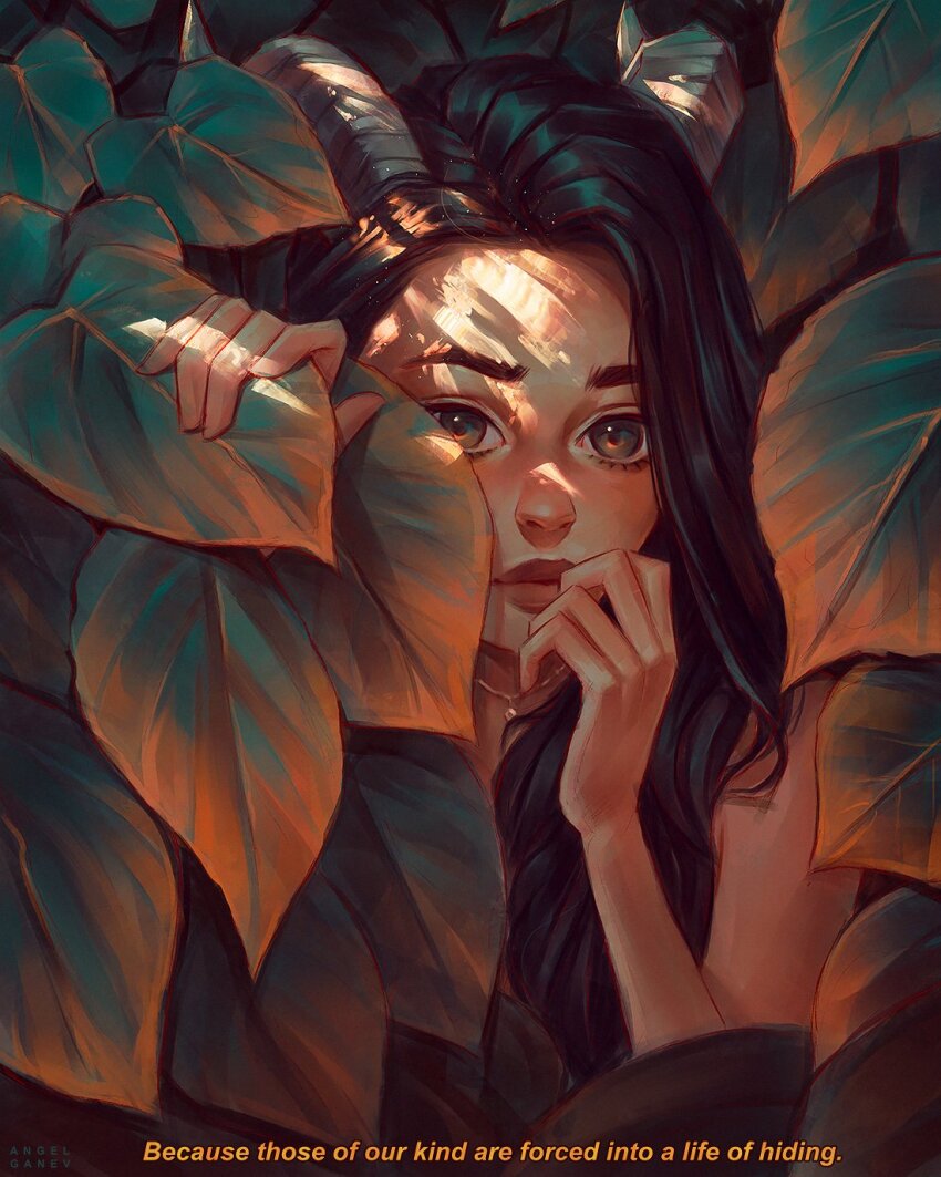 1girl angel_ganev arm_up black_shirt closed_mouth commentary dappled_sunlight english_commentary english_text grey_eyes hair_over_shoulder hand_to_own_mouth hand_up highres jewelry leaf long_hair looking_at_viewer necklace original photo-referenced realistic red_lips shirt sleeveless sleeveless_shirt solo subtitled sunlight thick_eyebrows upper_body