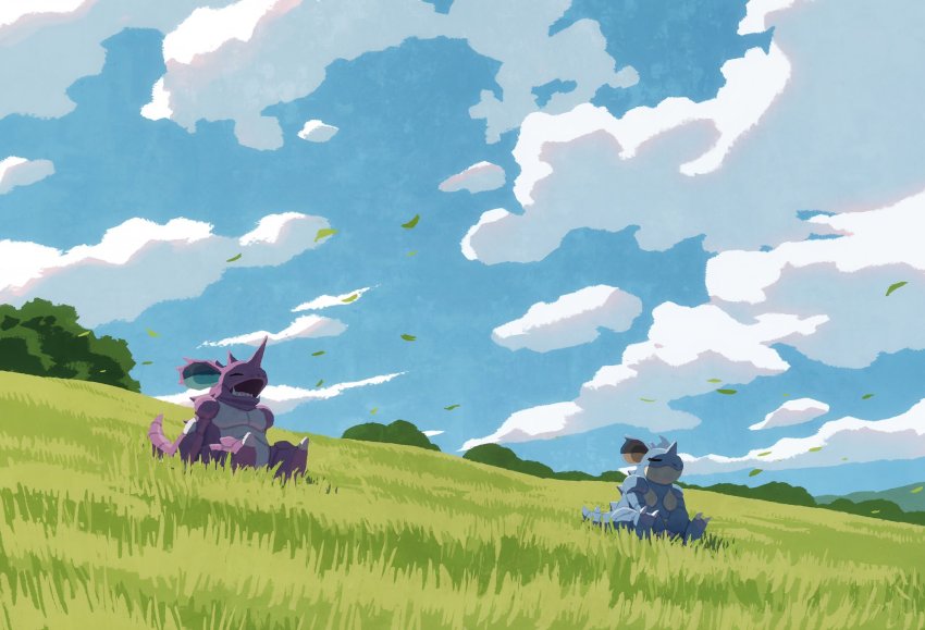 blue_sky claws closed_eyes closed_mouth cloud day fangs gen_1_pokemon grass highres horns hyogonosuke leaf nidoking nidoqueen nintendo no_humans open_mouth outdoors pokemon pokemon_(creature) single_horn sitting sky sleeping sleeping_upright solo spikes tail