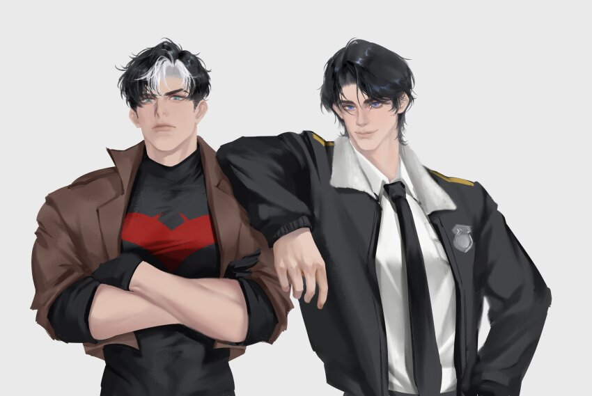 bat_signal batman_(series) batman_symbol black_bodysuit black_gloves blue_eyes bodysuit brown_jacket dc_comics dick_grayson gloves grey_bodysuit highres ichinoseguki jacket jason_todd male_focus multicolored_bodysuit multiple_boys muscular muscular_male open_clothes pants police police_uniform red_hood_(dc) red_hood_and_the_outlaws short_hair superhero_costume taut_bodysuit two-tone_bodysuit