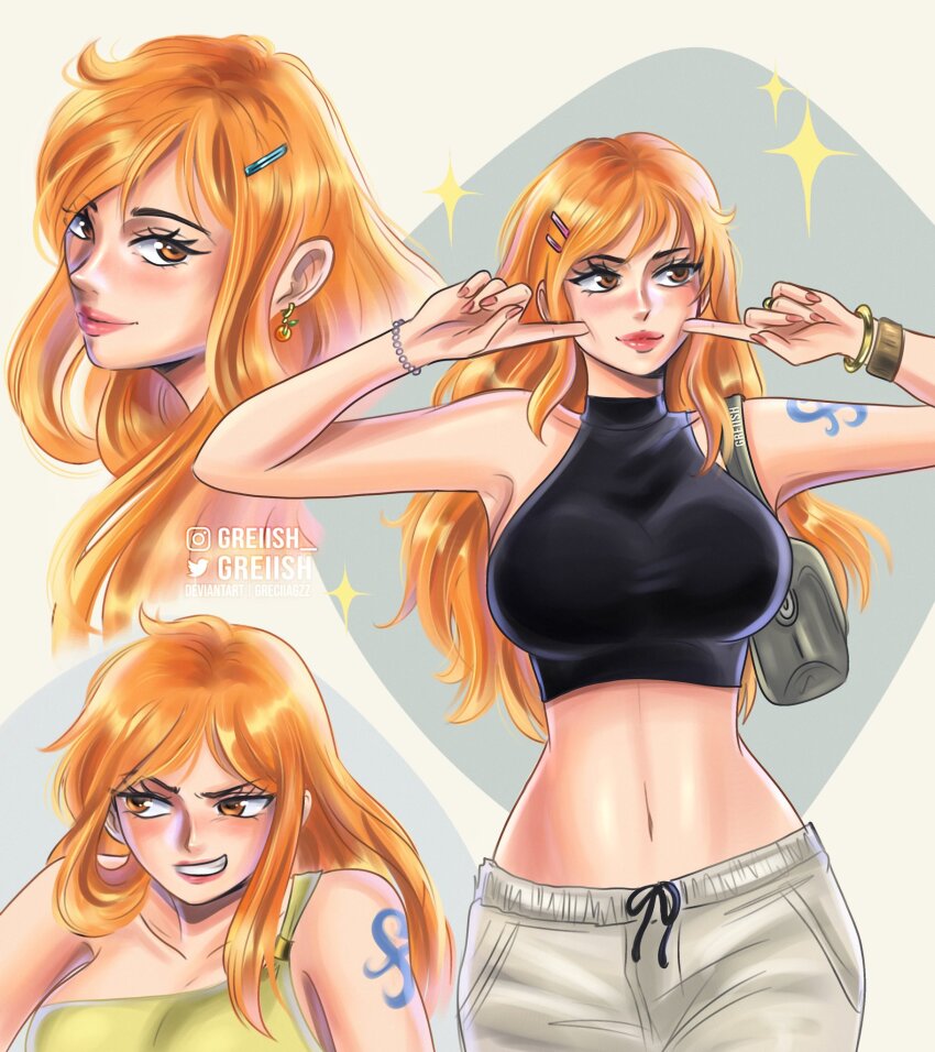 1girl alternate_costume armpits artist_name bag bangle bare_shoulders black_shirt bracelet breasts brown_eyes closed_mouth collarbone commentary crop_top cropped_shirt earrings fingers_to_cheeks greciiagzz grin hair_ornament hairclip highres jewelry large_breasts lips log_pose long_hair looking_at_viewer looking_to_the_side midriff multiple_views nami_(one_piece) navel one_piece orange_hair pink_lips shirt shoulder_bag shoulder_tattoo sleeveless sleeveless_shirt smile sparkle tattoo upper_body wavy_hair