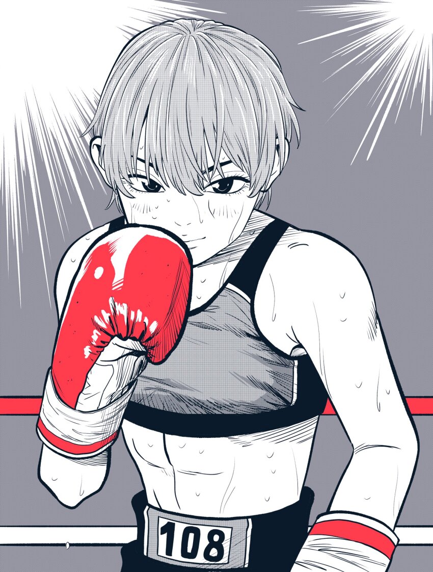 1girl abs boxing boxing_gloves boxing_ring boxing_shorts breasts commentary_request gloves greyscale highres lee_(dragon_garou) light_rays linea_alba midriff monochrome original red_gloves short_hair shorts small_breasts smile solo sports_bra spot_color sweat upper_body