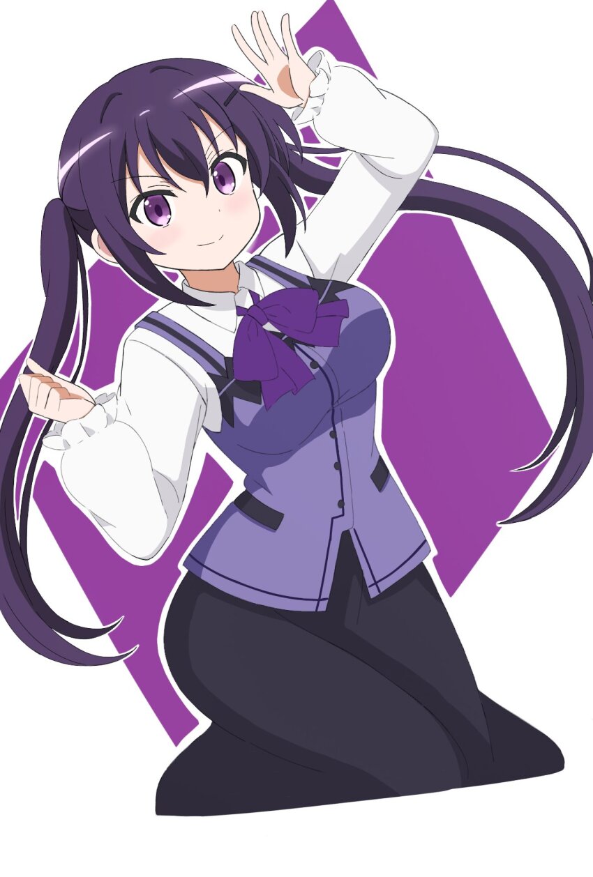 >:) 1girl arm_up black_skirt blush bow bowtie breasts buttons closed_mouth collared_shirt commentary_request cropped_legs dress_shirt dutch_angle frilled_sleeves frills gochuumon_wa_usagi_desu_ka? hair_between_eyes hand_up highres large_breasts long_hair long_skirt long_sleeves looking_at_viewer outline puffy_long_sleeves puffy_sleeves purple_background purple_bow purple_bowtie purple_eyes purple_hair purple_vest shirt sidelocks simple_background skirt smile solo split_mouth tedeza_rize twintails two-tone_background v-shaped_eyebrows very_long_hair vest waitress warm_sheep white_background white_outline white_shirt