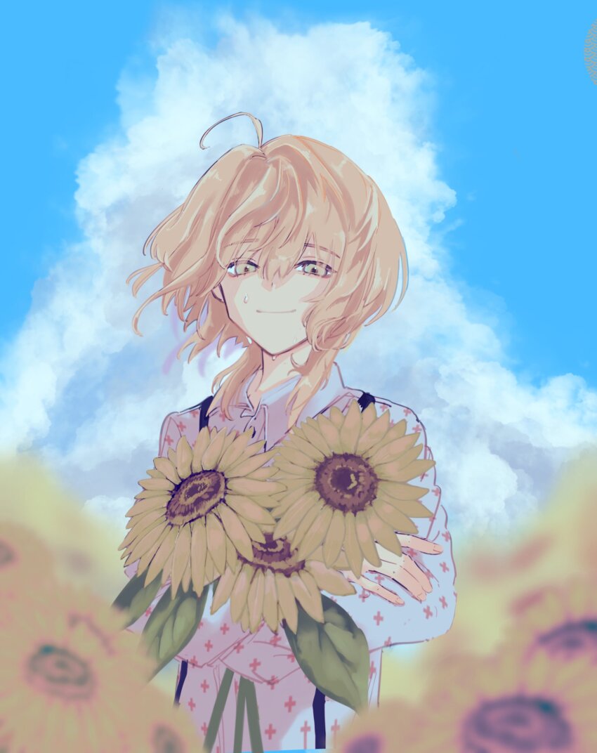 1boy ahoge blonde_hair closed_mouth cloud commentary_request cumulonimbus_cloud day flower green_eyes hair_between_eyes highres holding holding_flower looking_at_viewer male_focus medium_hair original outdoors sahi00000 smile solo sunflower upper_body yellow_flower