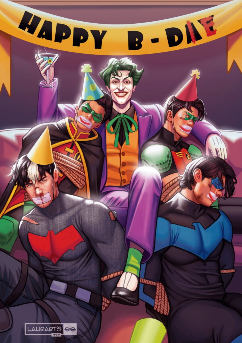 bat_signal batman_(series) batman_symbol black_hair blood blue_eyes bodysuit damian_wayne dc_comics dick_grayson facepaint formal_clothes gloves green_hair grey_bodysuit highres holding jacket jason_todd laurarts_23 long_sleeves looking_at_viewer makeup male_focus multicolored_bodysuit multiple_boys muscular muscular_male nightwing nose realistic red_hood_(dc) robin_(dc) shirt short_hair simple_background smile suit superhero_costume taut_bodysuit the_joker tim_drake two-tone_bodysuit western_comics_(style) white_hair