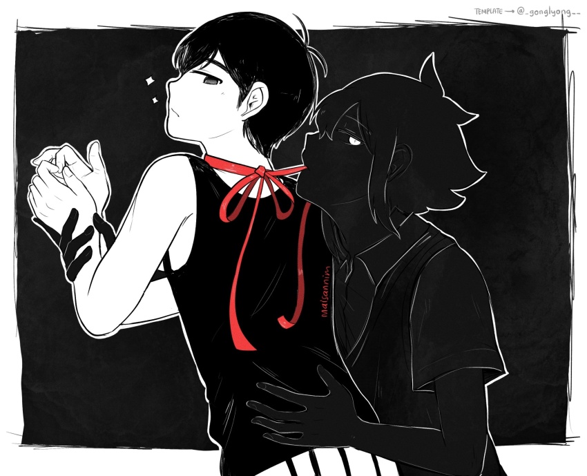 2boys antenna_hair artist_name black_shirt black_skin black_sweater_vest black_tank_top closed_mouth collared_shirt colored_skin highres looking_at_another maisani male_focus mouth_hold multiple_boys omori omori_(omori) red_ribbon ribbon shirt short_hair shorts sidelocks stranger_(omori) striped_clothes striped_shorts sweater_vest tank_top vertical-striped_clothes vertical-striped_shorts white_eyes white_shorts white_skin