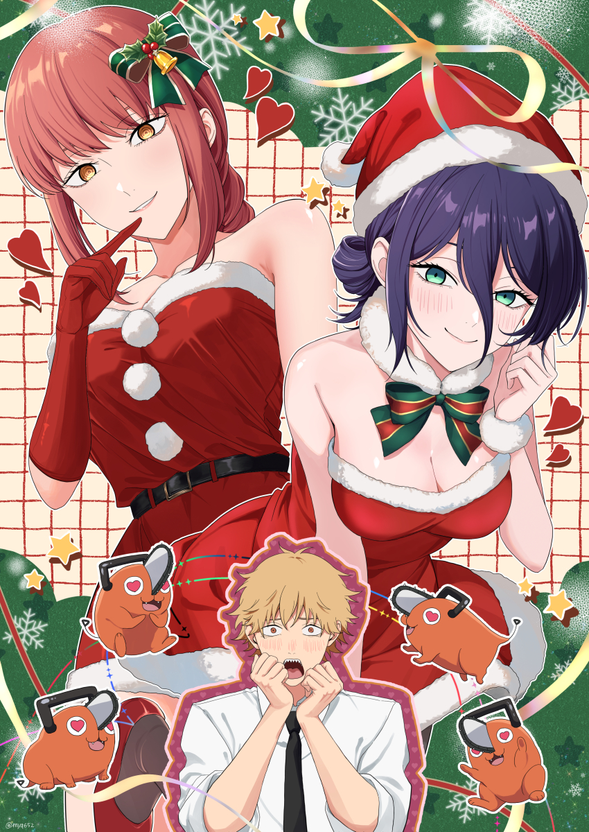 1boy 2girls absurdres blush chainsaw_man christmas christmas_ornaments collared_shirt commentary_request denji_(chainsaw_man) dress formal_clothes fur-trimmed_dress fur_trim gloves green_eyes hair_between_eyes hair_bun hat heart heart-shaped_pupils highres long_hair_between_eyes makima_(chainsaw_man) multiple_girls myq652 necktie pochita_(chainsaw_man) red_gloves reze_(chainsaw_man) ringed_eyes santa_costume santa_dress santa_hat sharp_teeth shirt shirt_tucked_in single_hair_bun symbol-shaped_pupils teeth white_shirt