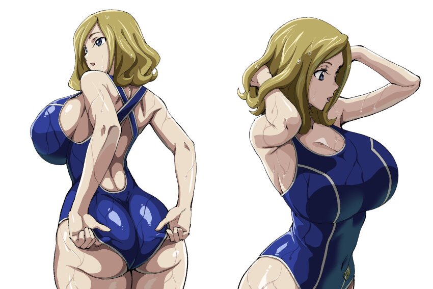 1girl arms_behind_head ashford_academy_swimsuit ass bare_shoulders blonde_hair blue_eyes breasts cleavage code_geass competition_swimsuit curvy female_focus highleg highleg_one-piece_swimsuit highres iwao178 large_breasts legs long_hair milly_ashford one-piece_swimsuit simple_background solo swimsuit thick_thighs thighs wet white_background wide_hips