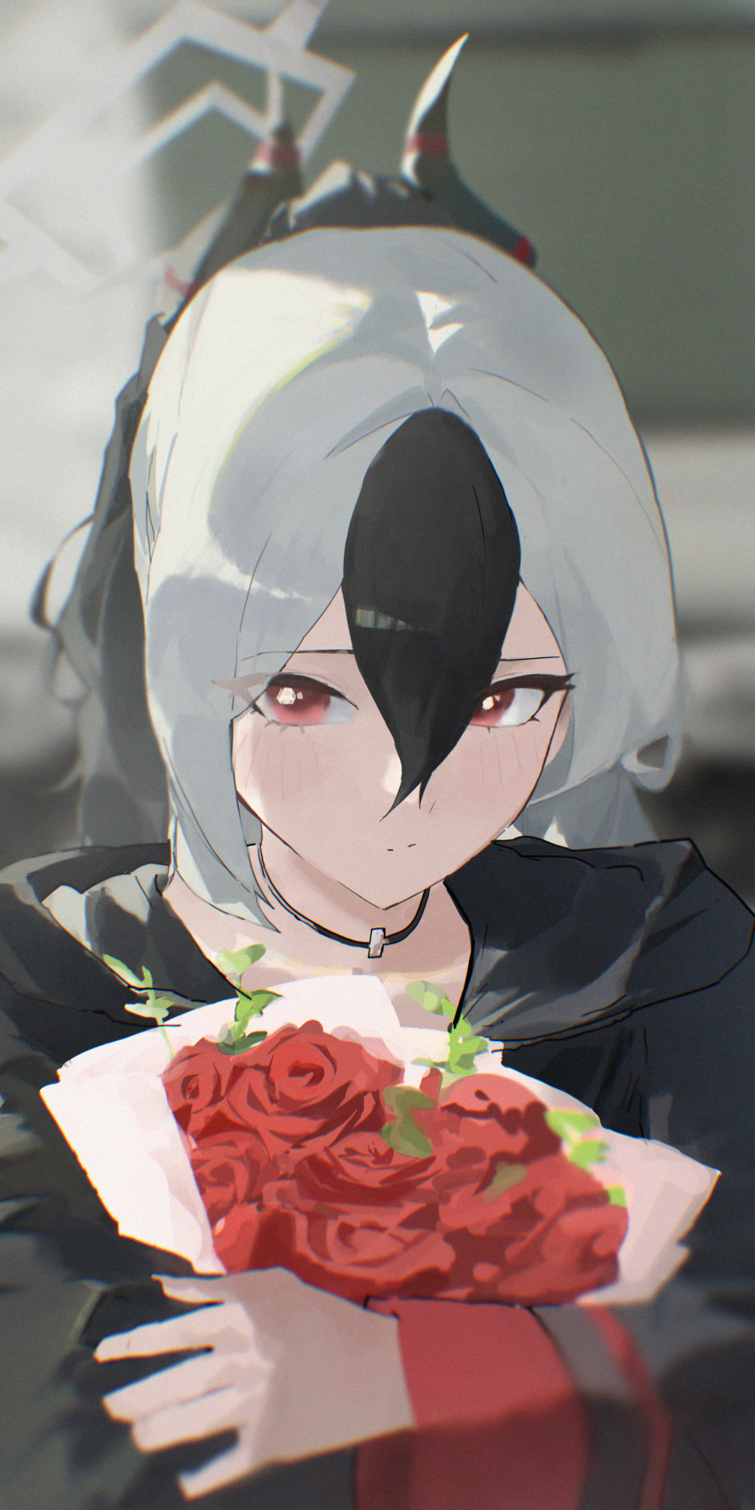 1girl absurdres black_hair black_jacket blue_archive bouquet flower halo highres horns jacket jewelry kayoko_(blue_archive) multicolored_hair necklace red_eyes red_flower red_rose rose uruo_08 white_hair