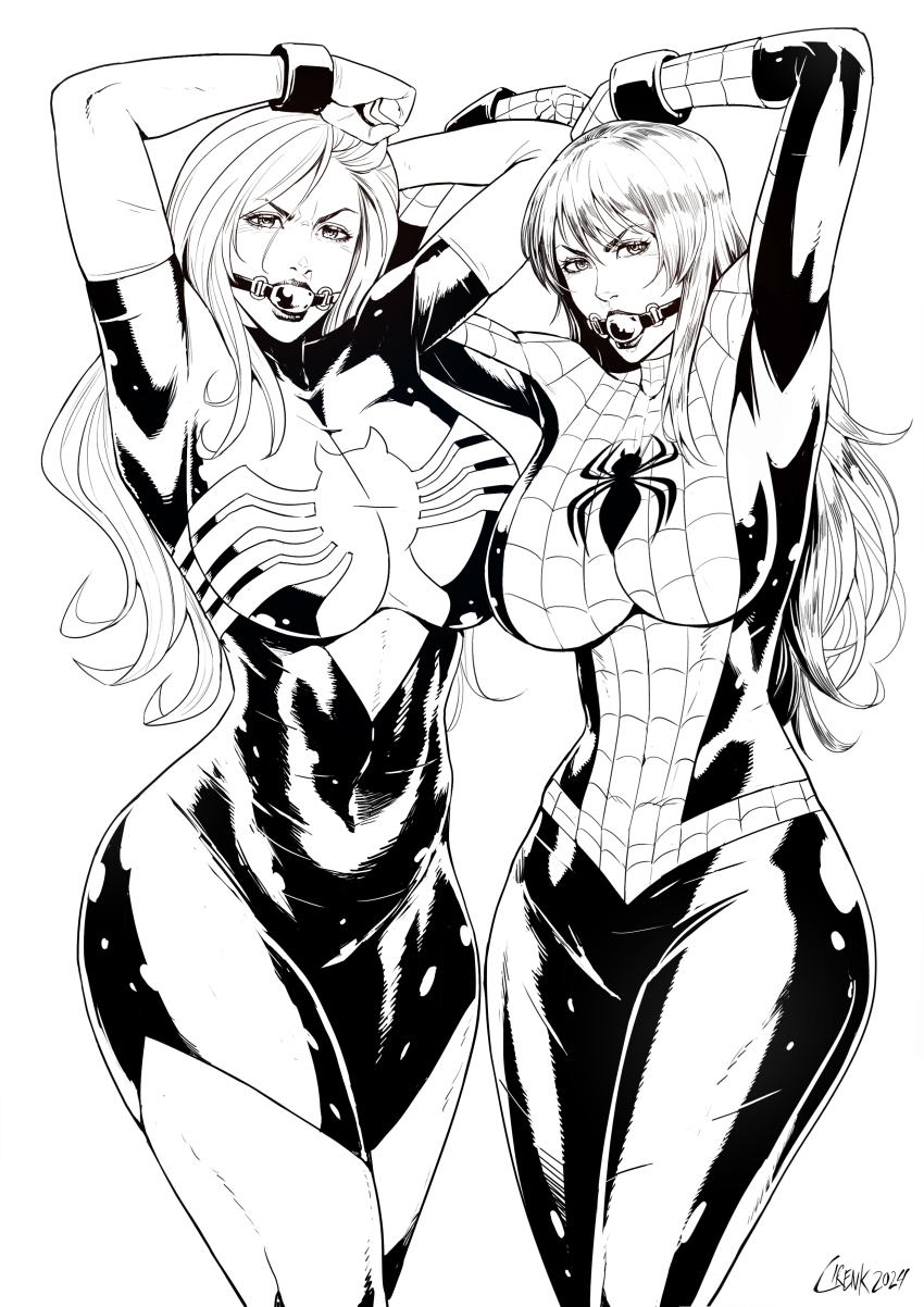 2024 2girls absurdres animal_print artist_name ball_gag bodysuit breasts character_request cirenk commentary commission cosplay english_commentary female_focus gag gagged greyscale highres long_hair marvel mary_jane_watson monochrome multiple_girls restrained skin_tight spider-man spider-man_(cosplay) spider-man_(series) spider_print spider_web_print superhero_costume
