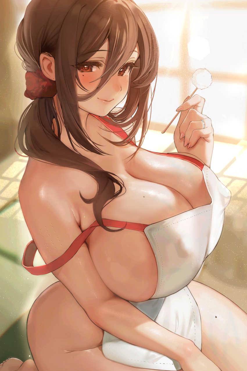 1girl absurdres apron blush breasts commentary_request covered_erect_nipples curvy hair_between_eyes highres huge_breasts indoors inushima lap_pillow_invitation long_hair long_hair_between_eyes looking_at_viewer mature_female mimikaki mole mole_under_eye naked_apron original seiza sitting smile solo strap_slip