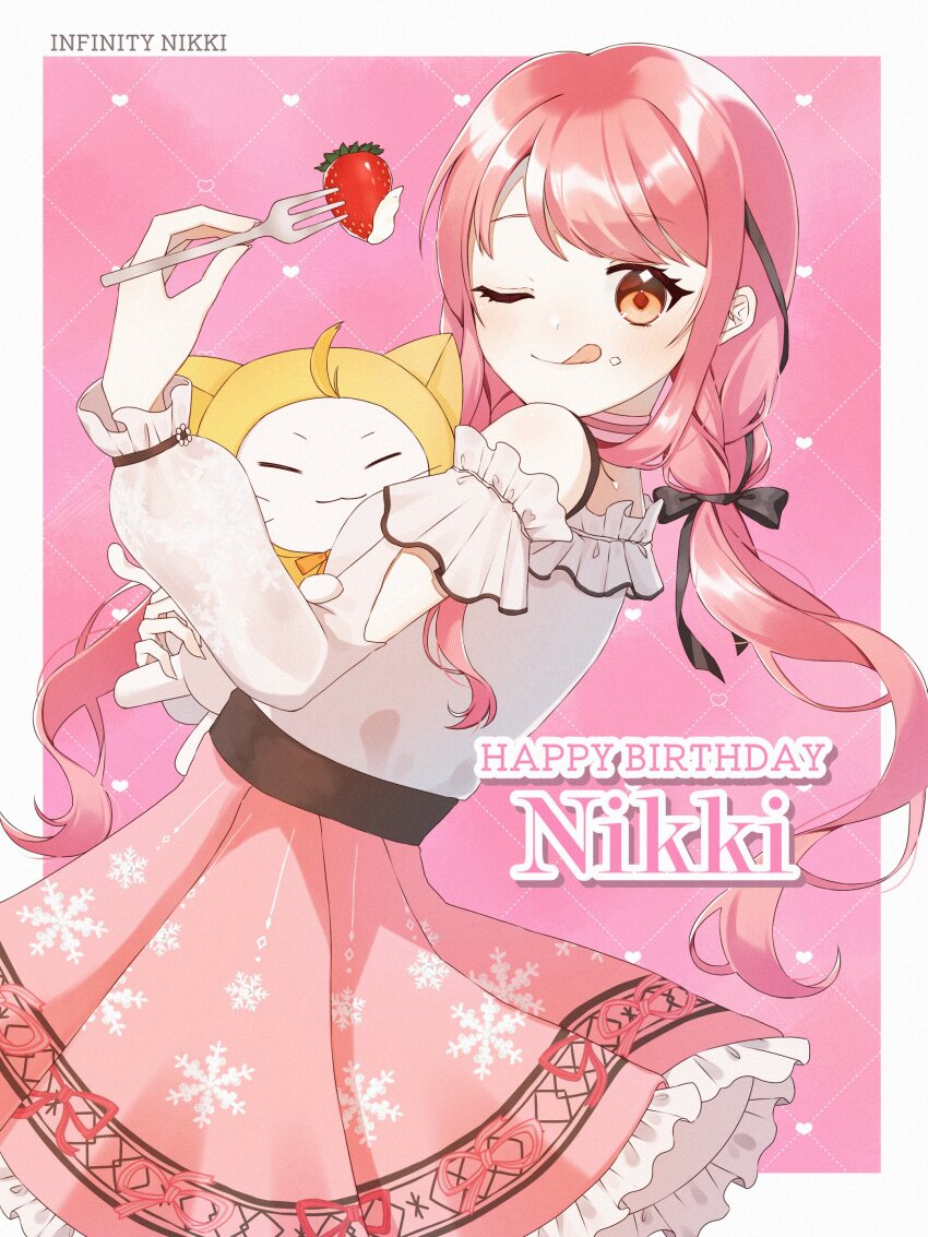 1girl ;q ^_^ absurdres ahoge animal argyle_background arm_cutout belt black_belt black_bow black_ribbon border bow bowtie bra_strap brown_eyes cat choker cloak closed_eyes closed_mouth clothed_animal clothing_cutout commentary_request copyright_name cowboy_shot crumbs culoe dot_nose ear_covers eating eyelashes food fork frilled_shirt frilled_sleeves frills fruit hair_bow hair_ribbon happy happy_birthday heart heart_background high-waist_skirt highres holding holding_animal holding_cat holding_fork hood hood_up hooded_cloak icing infinity_nikki light_blush long_hair long_sleeves looking_at_viewer low_twintails miniskirt momo_(nikki) nikki_(nikki) nikki_(series) off-shoulder_shirt off_shoulder one_eye_closed orange_bow orange_bowtie outside_border perfect_start_(infinity_nikki) pink_background pink_choker pink_hair pink_ribbon pink_skirt pleated_skirt print_skirt print_sleeves puffy_long_sleeves puffy_sleeves ribbon see-through_clothes see-through_sleeves shirt single_stripe skirt smile snowflake_print standing strawberry striped_choker tongue tongue_out tress_ribbon twintails very_long_hair wavy_hair whiskers white_border white_cat white_shirt yellow_cloak