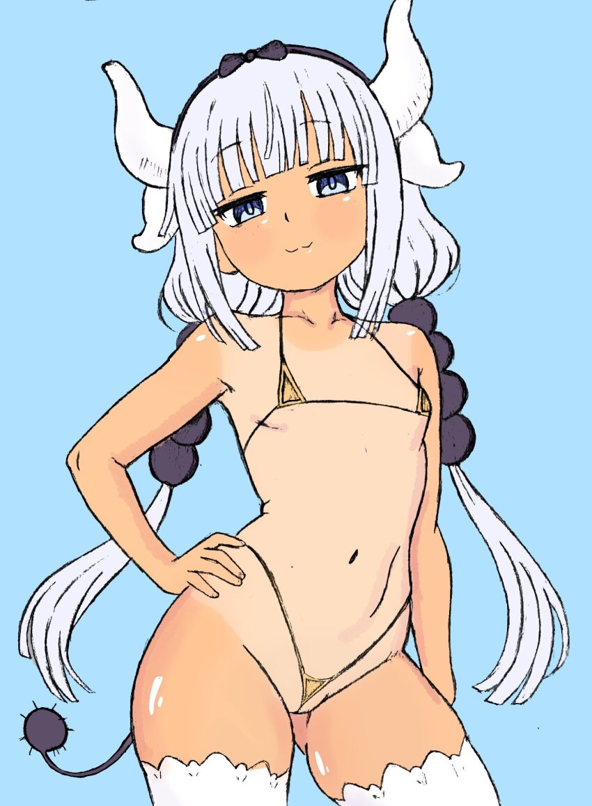 1girl bikini blue_background dragon_girl dragon_horns hair_ornament hairband hand_on_own_hip highres horns kanna_kamui kobayashi-san_chi_no_maidragon legs loli long_hair long_twintails looking_at_viewer magnuswalker5 micro_bikini navel pussy pussy_peek solo standing stomach swimsuit tail tan tanline thighhighs thighs twintails white_thighhighs
