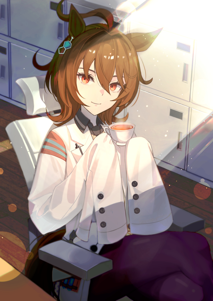 1girl absurdres agnes_tachyon_(tach-nology)_(umamusume) agnes_tachyon_(umamusume) ahoge animal_ears black_necktie black_pantyhose brown_hair chair chemical_structure closed_mouth coat commentary_request crossed_legs cup earrings hair_between_eyes highres holding holding_cup horse_ears horse_girl horse_tail jewelry lab_coat long_sleeves looking_at_viewer medium_hair necktie pantyhose red_eyes shiori_(akasaka_shiori) shirt short_necktie single_earring sitting sleeves_past_fingers sleeves_past_wrists smile solo sweater sweater_vest swivel_chair tail tea teacup test_tube umamusume white_coat wolf_cut yellow_sweater yellow_sweater_vest