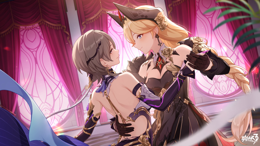 2girls backless_leotard black_dress black_gloves black_horns blonde_hair blue_eyes breasts brown_hair chinese_commentary commentary_request copyright_logo dress durandal_(honkai_impact) durandal_(nibelungen_traumlied)_(honkai_impact) fake_horns game_cg gloves hand_on_another&#039;s_back highres honkai_(series) honkai_impact_3rd horns indoors large_breasts leotard logo long_hair looking_at_another mole mole_under_eye multiple_girls official_art purple_dress short_hair smile very_long_hair yuri