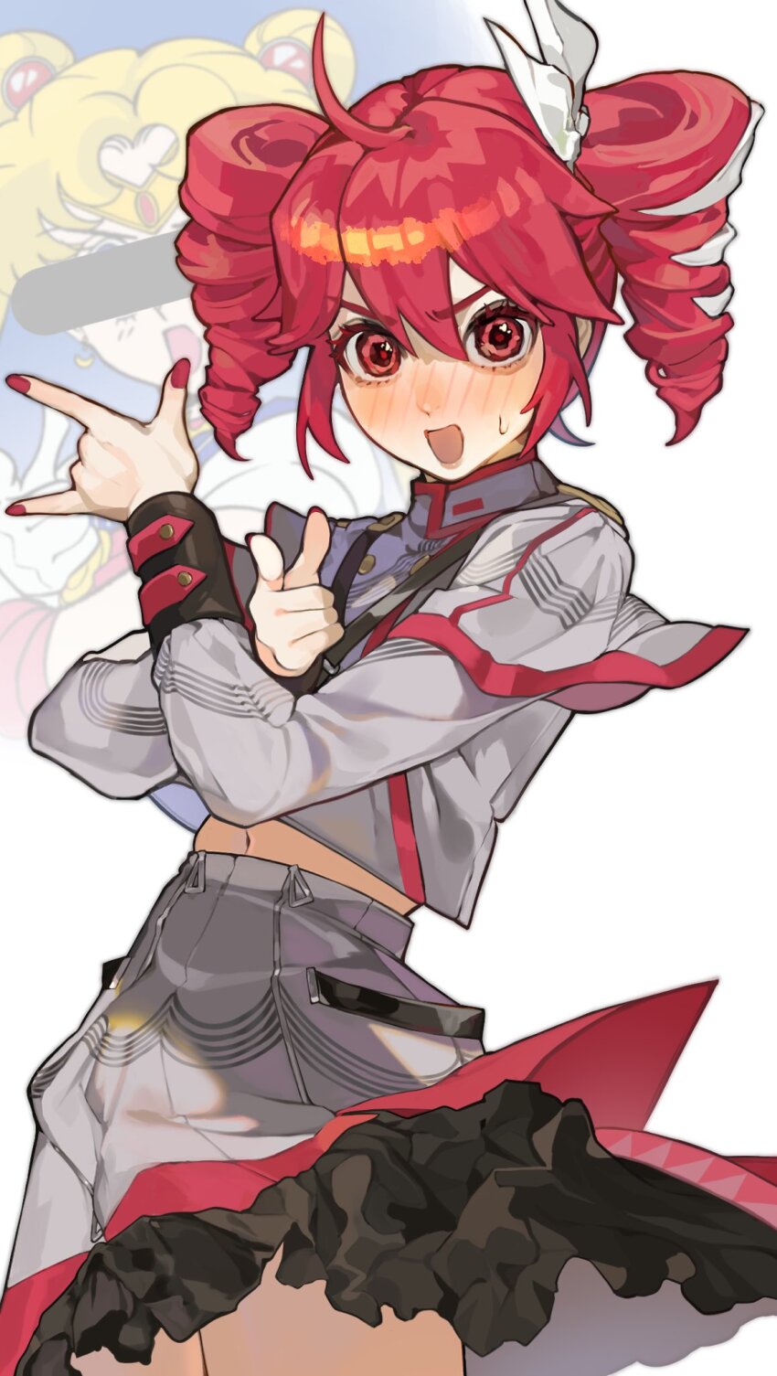 1girl bar_censor benkeinazuna bishoujo_senshi_sailor_moon black_sleeves buttons censored censored_identity double-breasted drill_hair grey_jacket highres jacket kasane_teto kasane_teto_(sv) musical_staff musical_staff_print official_style pointless_censoring red_hair red_trim reference_inset ribbon sailor_moon sailor_moon_pose shoulder_belt shoulder_boards striped_clothes striped_jacket synthesizer_v tsuki_ni_kawatte_oshioki_yo twin_drills utau white_ribbon