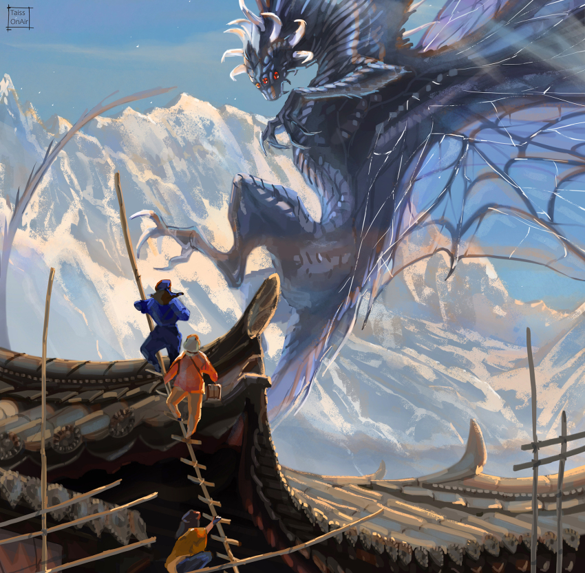 architecture artist_name blue_sky claws climbing_ladder commentary commission dragon east_asian_architecture english_commentary extra_eyes extra_horns highres ladder making-of_available mountain on_roof original outdoors sky tatti_art