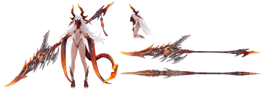 1girl ass bikini commentary_request dark-skinned_female dark_skin detached_sleeves dragon_girl dragon_horns dragon_tail highleg highleg_bikini holding holding_polearm holding_weapon horns long_hair mask multiple_views navel original polearm reference_sheet shiny_skin strapless strapless_bikini swimsuit tail weapon white_background white_hair zhuore_zhi_hen