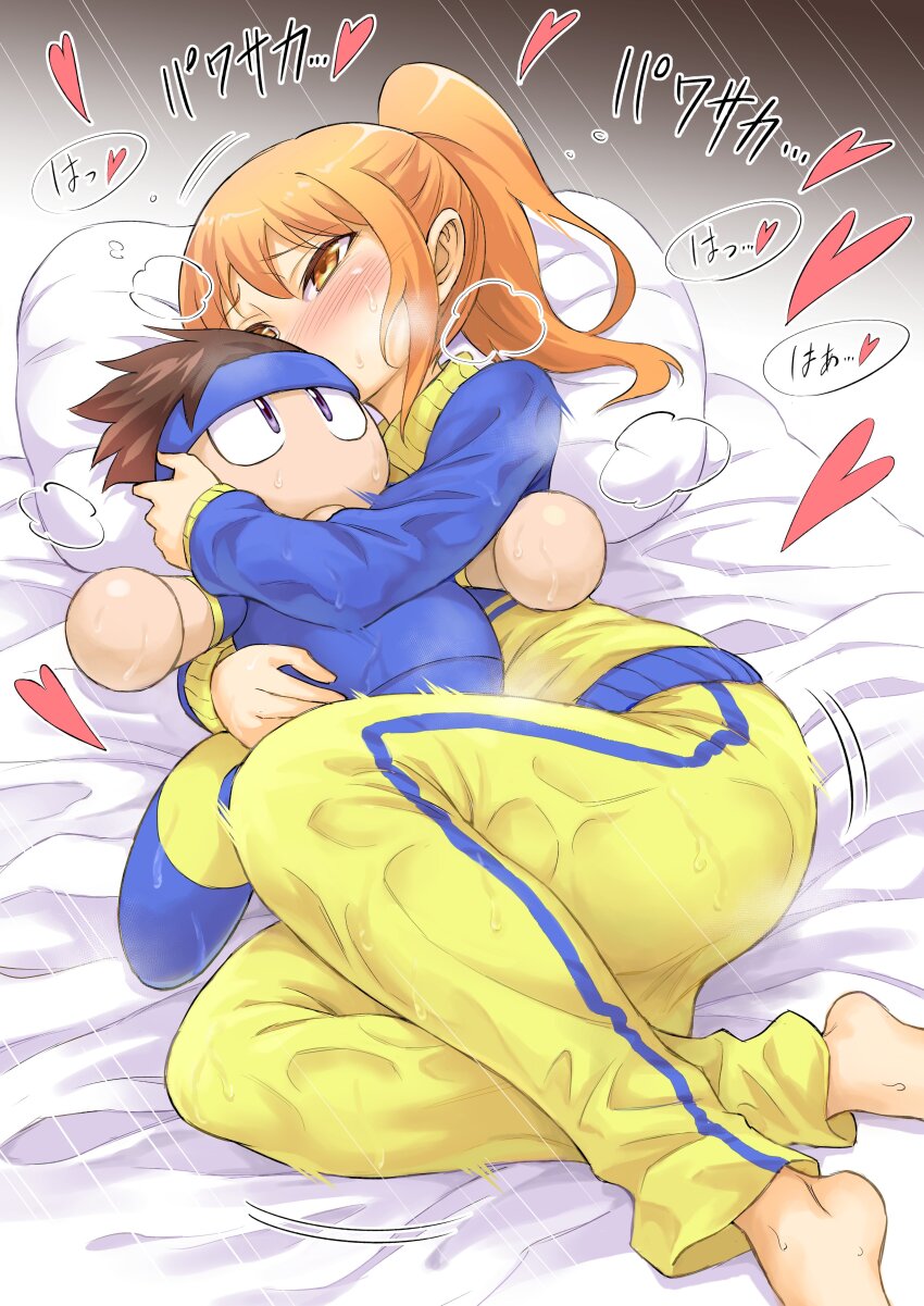 1girl absurdres blue_jacket blush character_doll commentary_request covered_mouth doll heart high_ponytail highres hugging_doll hugging_object humping in_heat jacket jikkyou_powerful_pro_yakyuu jikkyou_powerful_soccer lying motion_lines multicolored_jacket okuzono_ayu on_bed on_side orange_eyes orange_hair pants pawahotel3021 ponytail power_soccer_kun sound_effects sweat sweatdrop track_jacket wet wet_clothes wet_pants yellow_jacket yellow_pants