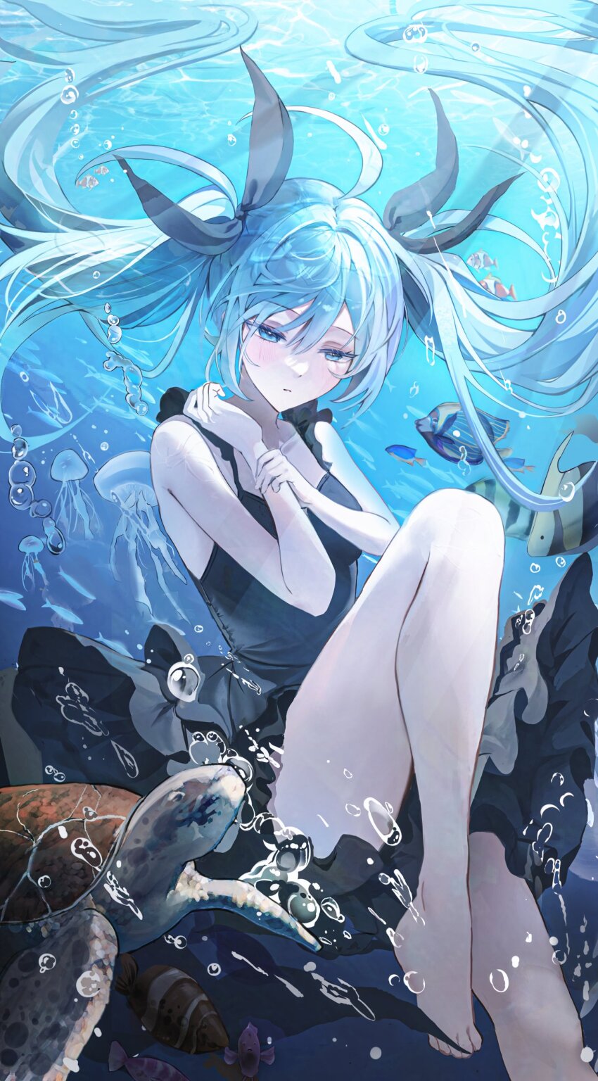1girl absurdres air_bubble barefoot black_dress black_ribbon blue_eyes blue_hair bubble closed_mouth clownfish double-parted_bangs dress fish hair_between_eyes hair_ribbon hare_(hare_1730) hashtag-only_commentary hatsune_miku highres jellyfish long_hair looking_down ribbon sad shinkai_shoujo_(vocaloid) tropical_fish turtle twintails underwater very_long_hair vocaloid