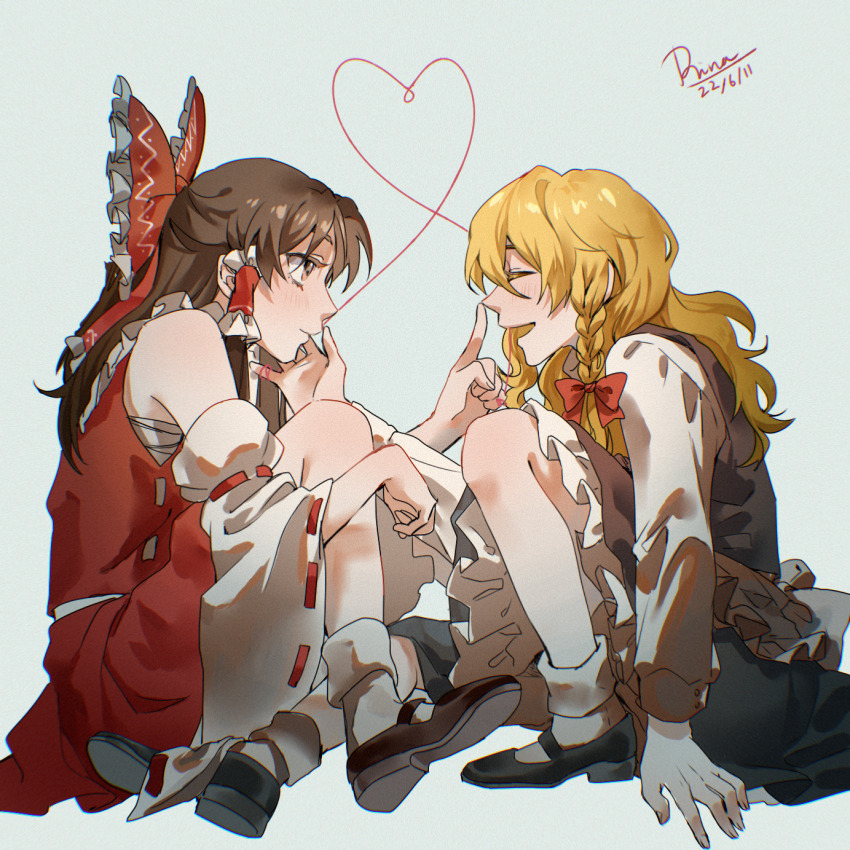 2girls aihara-rina apron bare_shoulders black_shoes black_skirt blonde_hair blush bow brown_hair chinese_commentary closed_eyes commentary_request dated detached_sleeves face-to-face finger_to_own_nose fingernails frilled_apron frilled_hair_tubes frills full_body grey_background hair_bow hair_ribbon hair_tubes hakurei_reimu happy heart heart_of_string highres index_finger_raised kirisame_marisa long_hair long_sleeves looking_at_another mary_janes multiple_girls no_headwear parted_lips red_bow red_ribbon red_skirt ribbon sarashi shoes sidelocks signature simple_background sitting skirt sleeve_cuffs smile socks string string_of_fate touhou tress_ribbon white_apron white_socks wide_sleeves yuri