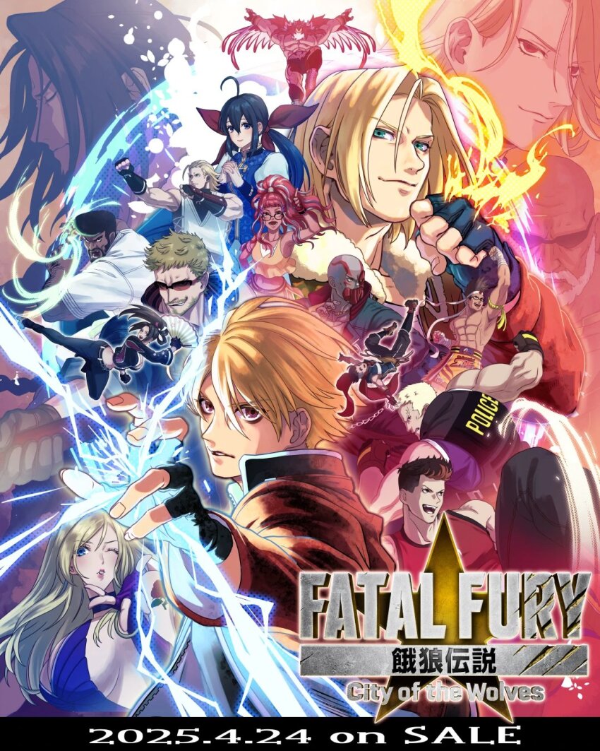 2025 6+boys andy_bogard b._jenet belt billy_kane black_gloves black_hair black_jacket black_pants blonde_hair blue_eyes bomber_jacket breast_zipper breasts brown_eyes brown_hair cleavage cropped_jacket dated dobok fatal_fury fatal_fury:_city_of_the_wolves fingerless_gloves fire folded_fan folding_fan formal_clothes futaba_hotaru gato_(snk) gloves hand_fan high_ponytail highres hokutomaru holding holding_fan jacket joe_higashi kain_r_heinlein kevin_rian kim_dong_hwan large_breasts leather leather_pants long_hair long_sleeves looking_at_viewer luchador luchador_mask marco_rodrigues mask mr_big_(snk) multiple_boys multiple_girls navel official_alternate_costume official_art pants partially_unzipped ponytail preecha_(fatal_fury) print_jacket purple_fire red_eyes rock_howard second-party_source shiranui_mai short_hair smile snk spandex standing suit taekwondo terry_bogard tizoc_(snk) vox_reaper white_suit wrestler wrestling