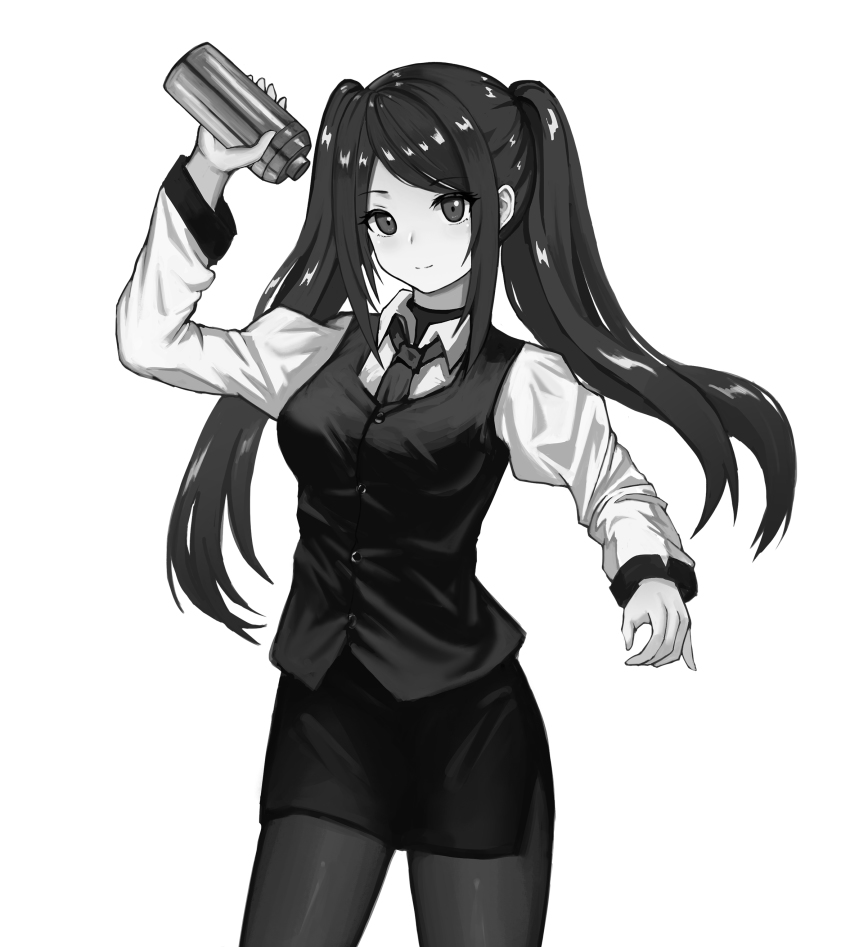 1girl absurdres aer7o arm_up bad_id bad_pixiv_id barmaid bartender closed_mouth commentary_request cowboy_shot female_focus greyscale head_tilt highres holding holding_shaker jill_stingray long_hair long_sleeves looking_at_viewer miniskirt monochrome necktie pantyhose shaker shaking shirt sidelocks simple_background skirt smile solo twintails va-11_hall-a vest waistcoat white_background
